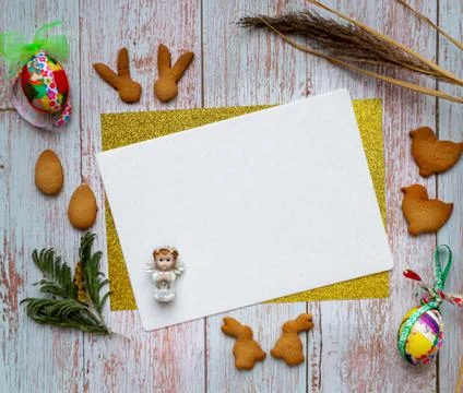 Easter greeting card shape with frame and place for text. Decorative eggs Stock Photos