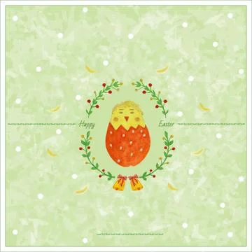 Easter greeting card with in-shell chicken and feathers Stock Illustration