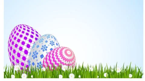 Easter greeting card template. Easter eggs on green grass with daisies. Stock-Illustration