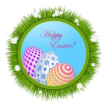 Easter greeting card template. Easter eggs on green grass with daisies. Illustrazione stock