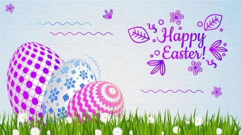 Easter greeting card template. Easter eggs on green grass with daisies. Stock Illustration
