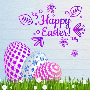 Easter greeting card template. Easter eggs on green grass with daisies. Stock Illustration