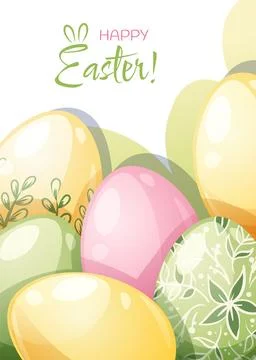 Easter greeting card template. Poster with Easter eggs. Spring cute holiday.. Stock Illustration