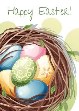 Easter greeting card template. Poster with Easter eggs in a nest. Spring cu.. Stock Illustration