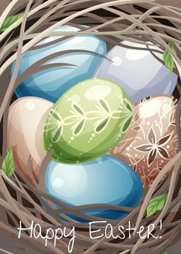 Easter greeting card template. Poster with Easter eggs in a nest. Spring cu.. Stock Illustration