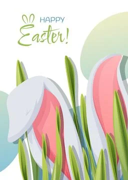 Easter greeting card template. Poster with the Easter bunny in the grass. S.. Stock Illustration