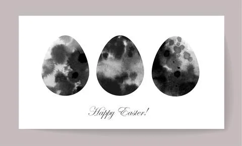 Easter greeting card with three ink wash painted easter egg Stock Illustration