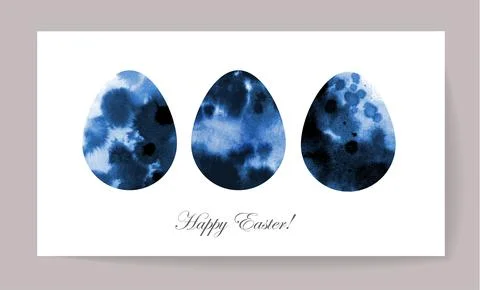 Easter greeting card with three ink wash painted easter egg Stock Illustration