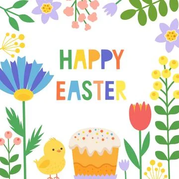 Easter greeting card with traditional Easter cake, chicken and abstract flowe Stock Illustration