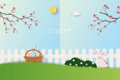 Easter greeting card,Spring naure background with cute bunny and easter egg.. Stock Illustration