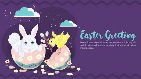 Easter Greeting Chicken looks at a rabbit sitting in an egg shell flat vector Illustrazione stock