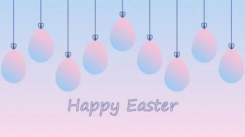 Easter greeting with hanging eggs. Pink and blue pastel gradient background. Stock Illustration