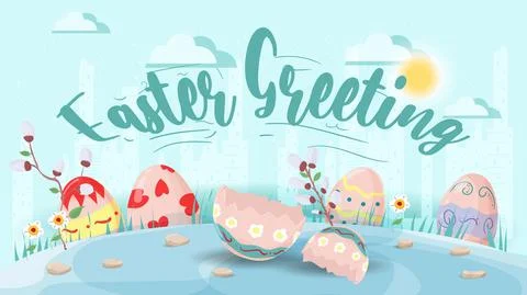Easter greeting Large inscription Easter eggs in the grass and broken shell f Stock Illustration