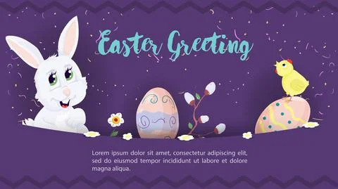 Easter greeting rabbit chicken and eggs peeking out of the pocket vector illu 스톡 일러스트
