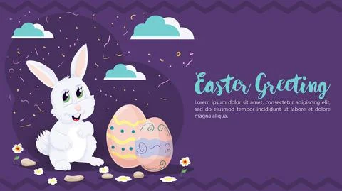 Easter greeting Rabbit sitting next to painted eggs flat vector illustration Illustrazione stock