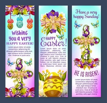 Easter greetings banner with egg, cross, flowers Illustrazione stock