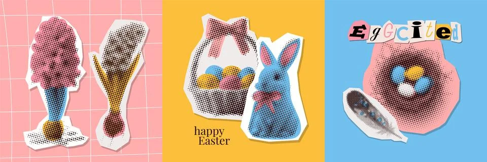 Easter halftone collage graphic design cards templates set with eggs in nest Stock Illustration