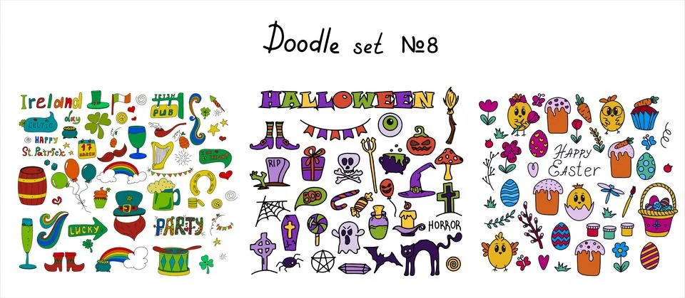 Easter, halloween, saint patrick s day doodle collections. Vector hand drawings Stock Illustration