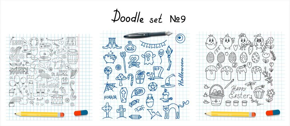 Easter, halloween, saint patrick s day doodle collections. Vector hand drawings Stock Illustration