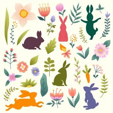 Easter hand drawn cartoon set. Cute characters and design elements. Easter ve Stockillustratie