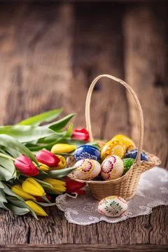 Easter. Hand made painted easter eggs in basket and spring tulips Stock Photos