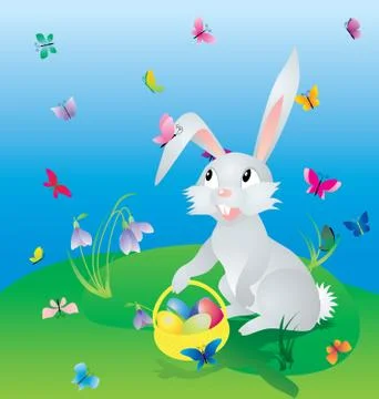 Easter hare on the green grass under blue sky with eggs in basket and butterf Stock Illustration