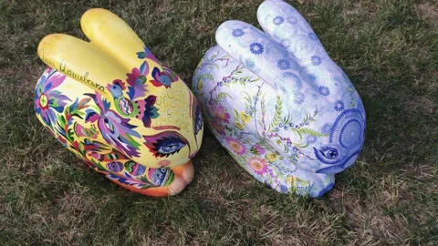 Easter hares on a green field Stock Footage 134451791