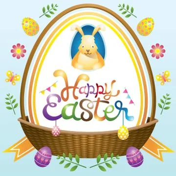 Easter Heading Label with Basket, Eggs and Icons Stock Illustration