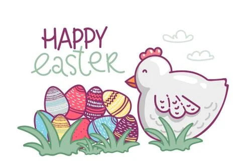 Easter hen and eggs. flat vector illustration isolate on white background. Cu Stock Illustration