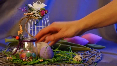 Easter Hen and Quail Eggs Are Put Near a Top Egg Cage, as Well as a Festive Stock Footage 72889034