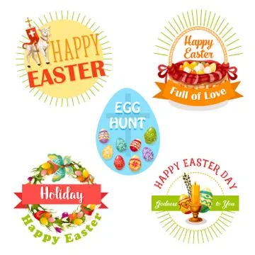 Easter holiday and egg hunt celebration label set Stock Illustration