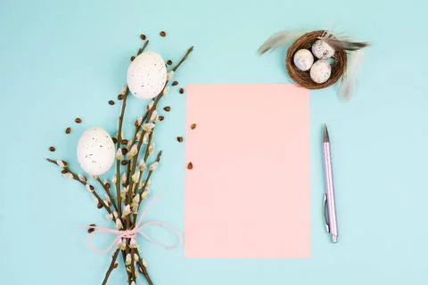 Easter holiday and spring background, empty paper for text, pastel colors,... Stock-Fotos