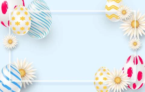 Easter holiday background with 3d easter eggs, daisies and square frame. Stock Illustration