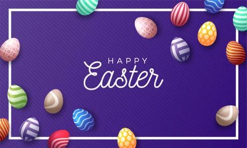 Easter holiday background with 3d Easter painted eggs and frame. Top view wit Stock Illustration