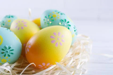 Easter holiday background with eggs. Close up of colorful painted  eggs Stock Photos