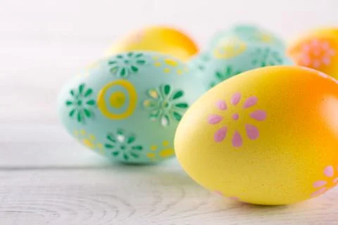 Easter holiday background with eggs. Close up of colorful painted  eggs Stock Photos