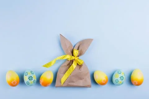 Easter holiday background with eggs. Top view of colorful painted chicken egg Stock Photos