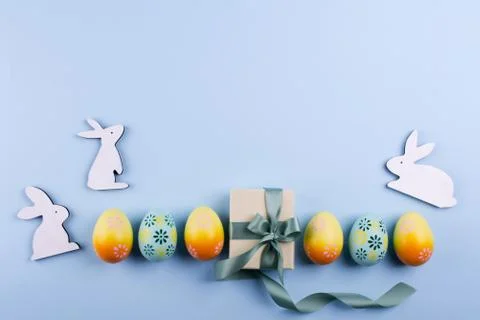 Easter holiday background with eggs. Top view of colorful painted chicken egg Stock Photos