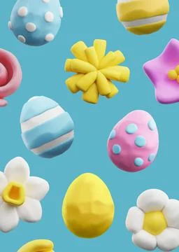 Easter holiday background with plasticine molded eggs and flowers. Stock Illustration