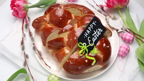 Easter holiday bread, rotate, top view Stock Footage 171240914