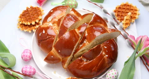 Easter holiday bread, rotate, top view Stock Footage 171284282