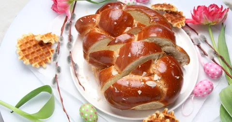 Easter holiday bread, rotate, top view Stock Footage 171441114