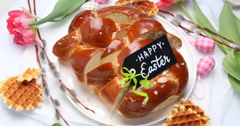 Easter holiday bread, rotate, top view Stock Footage 171713560
