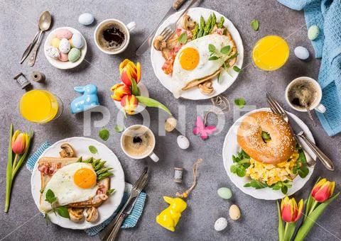 Easter holiday breakfast flat lay Stock Photos