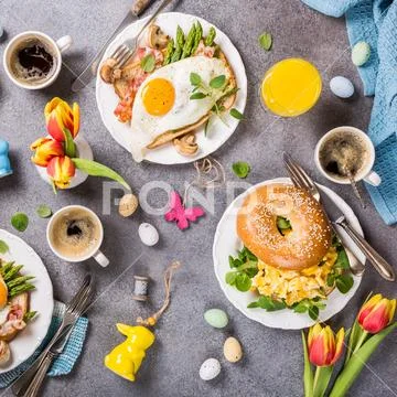Easter holiday breakfast flat lay Stock Photos