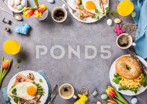 Easter holiday breakfast flat lay Stock Photos