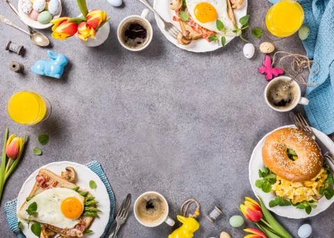 Easter holiday breakfast flat lay Stock-Fotos
