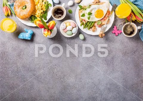 Easter holiday breakfast flat lay Stock Photos
