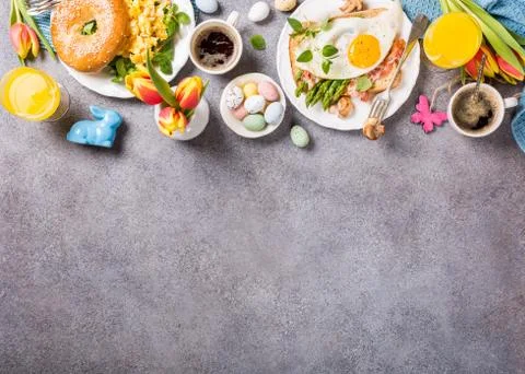 Easter holiday breakfast flat lay Stock Photos