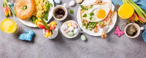Easter holiday breakfast flat lay Stock Photos